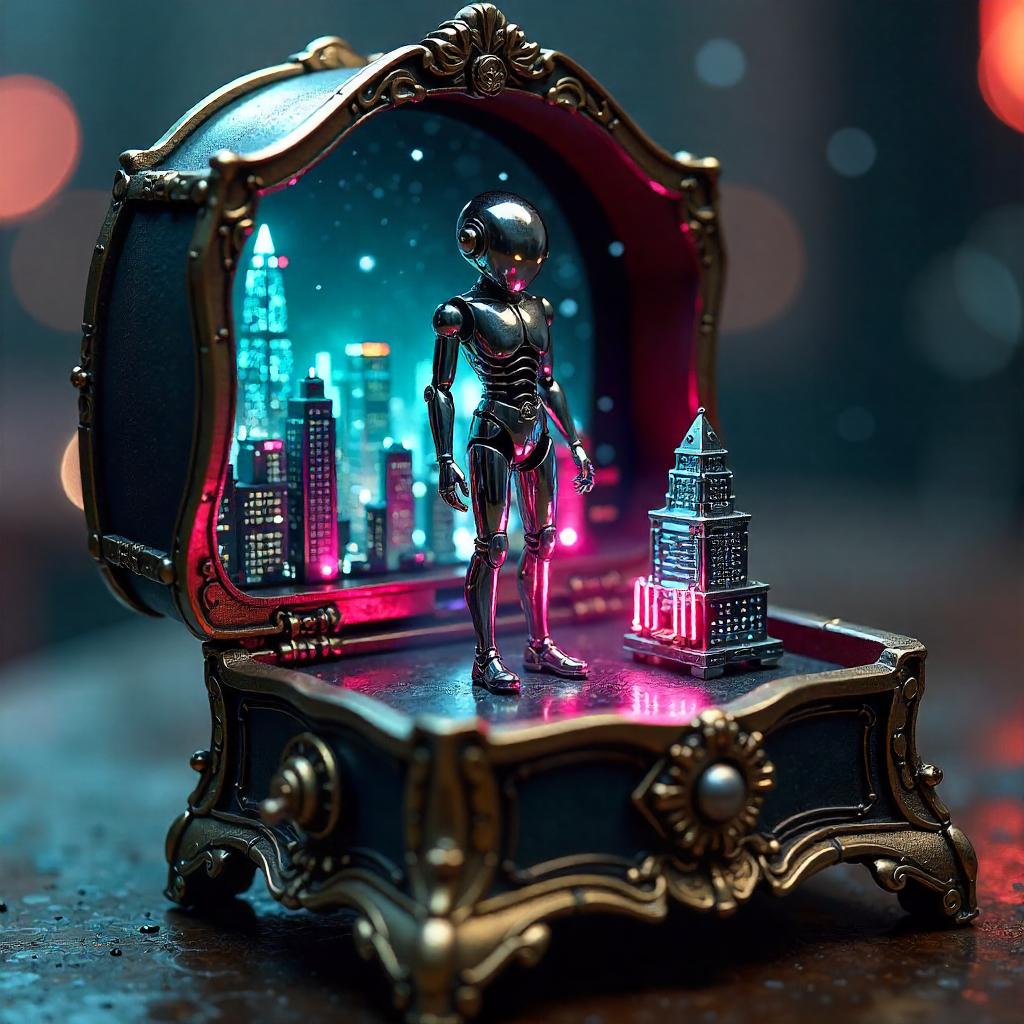 Neon Android Inside an Ornate Cyberpunk Music Box