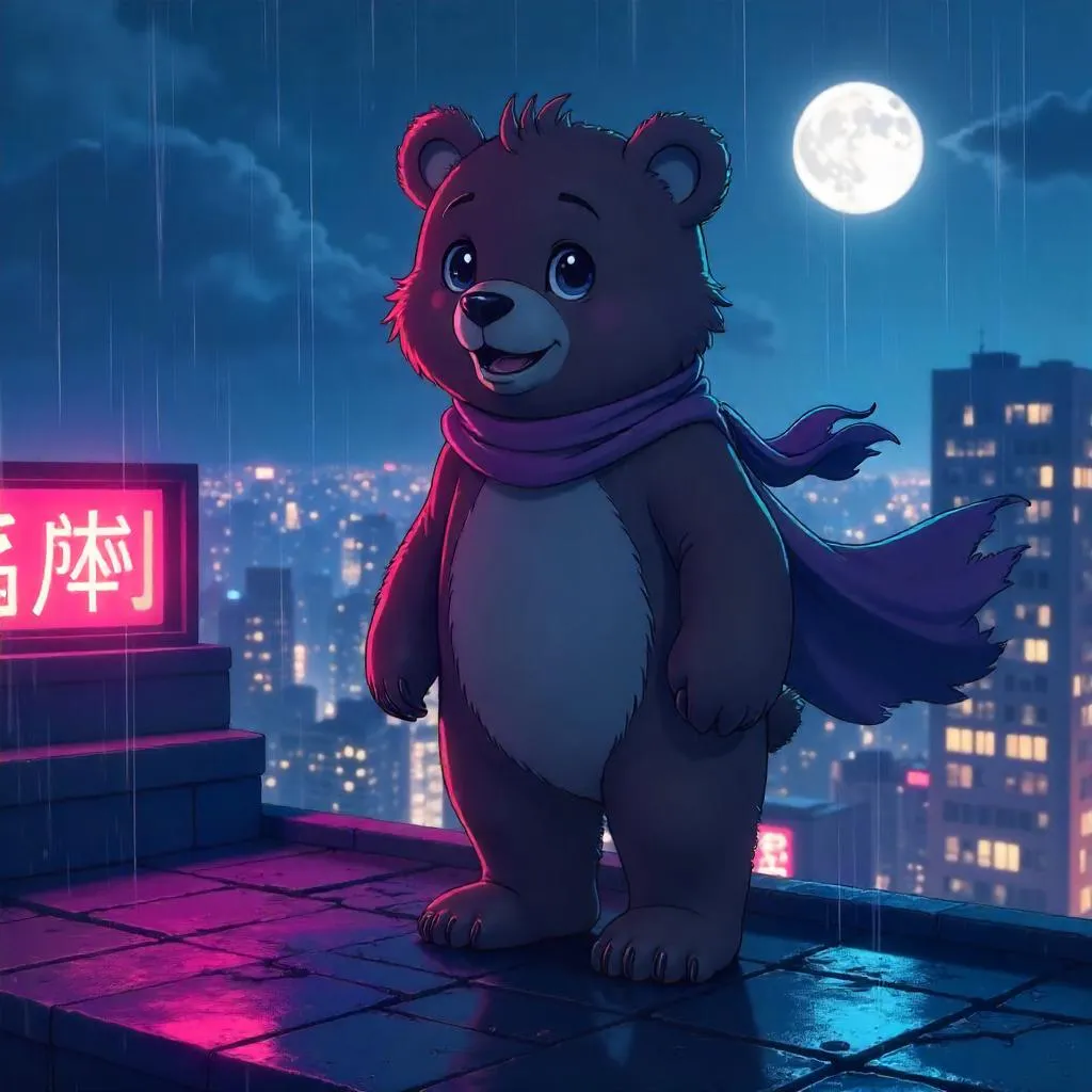 Neon Rooftop Bear: Anime Night Guardian