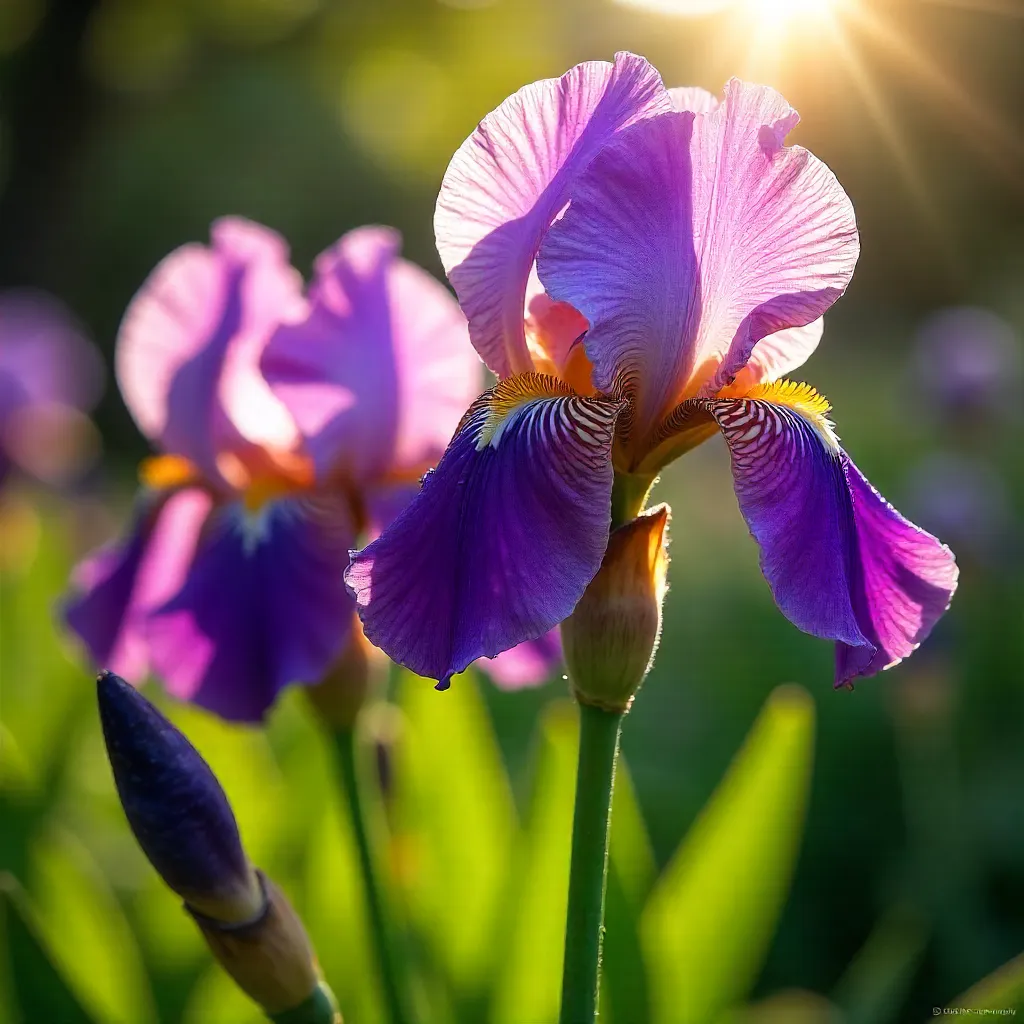 Sunlit Purple Iris Close-Up in Garden