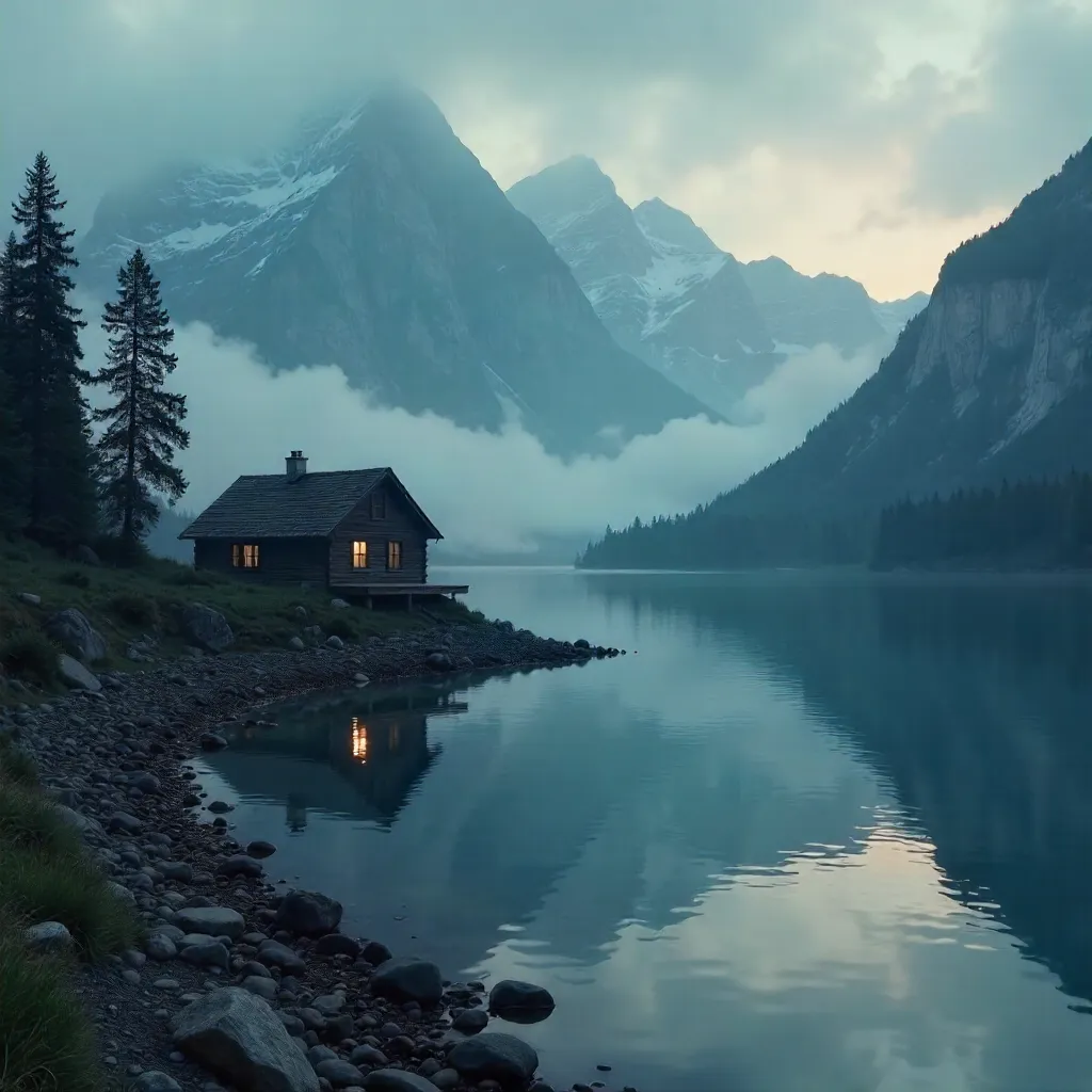 Solitary Cabin by a Misty Mountain Lake