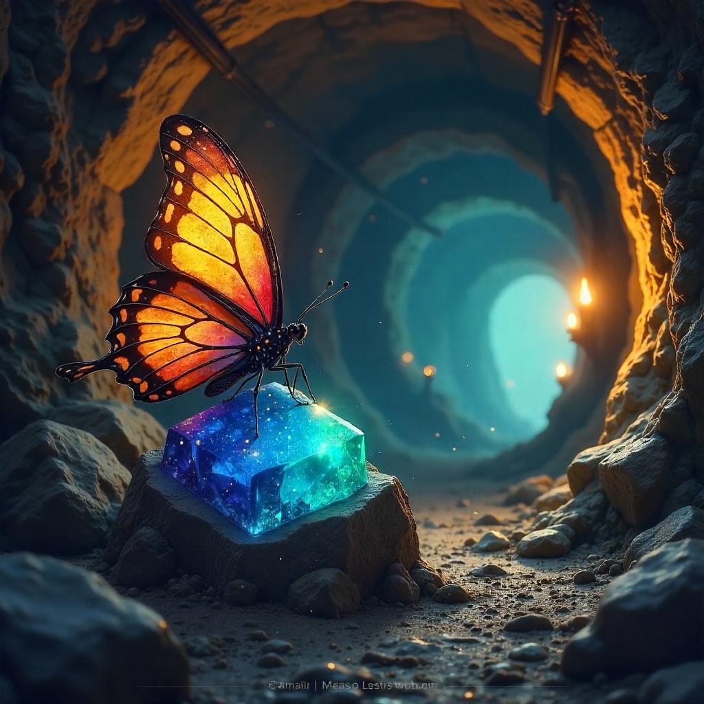 Butterfly Amid Crystal Veins in a Dwarven Mine