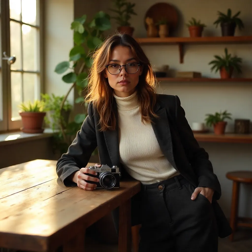 Golden Hour: Stylish Person with Vintage Camera