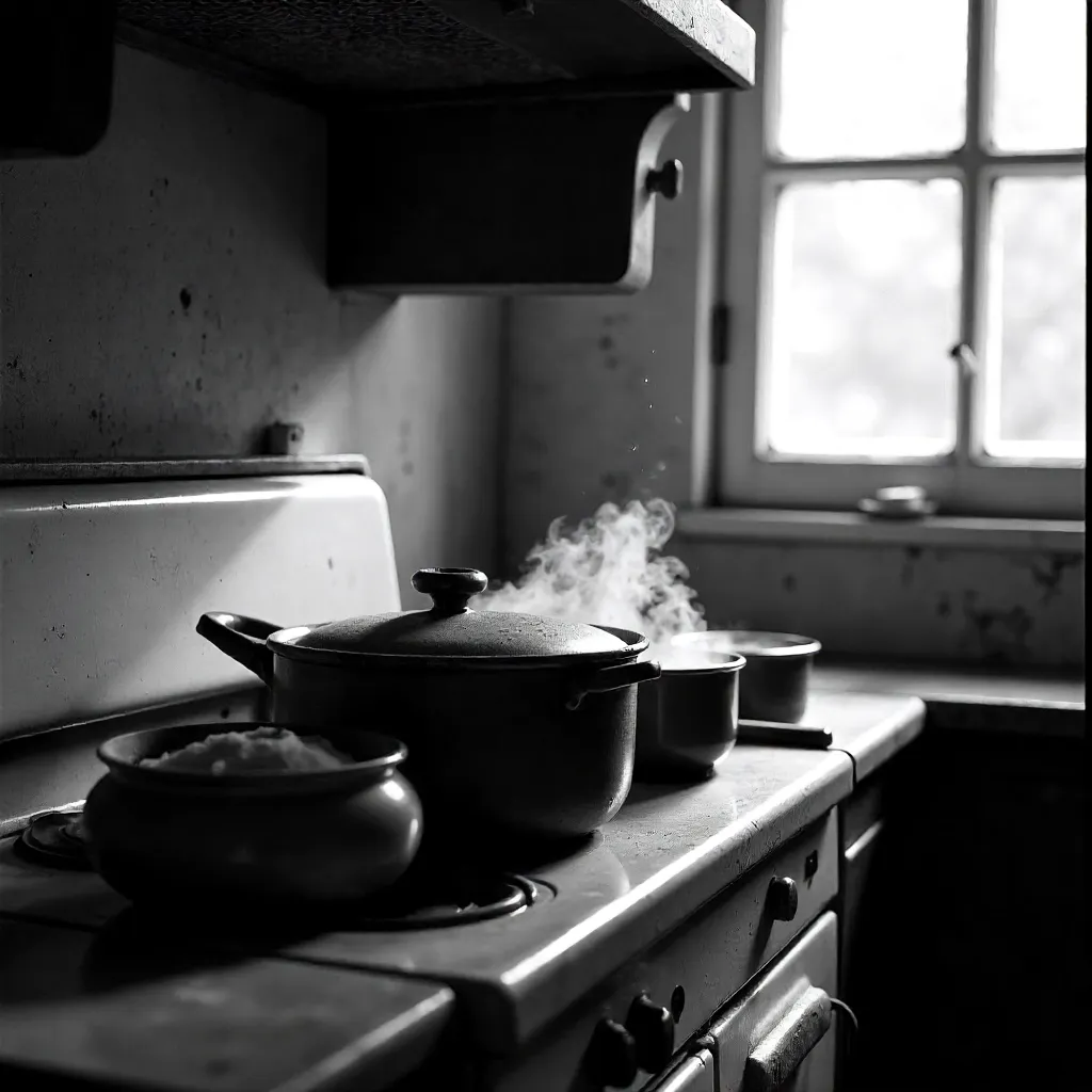 Warm Nostalgia: Black and White Stove with Pots