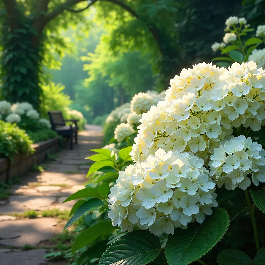 White Hydrangeas in a Lush Botanical Garden