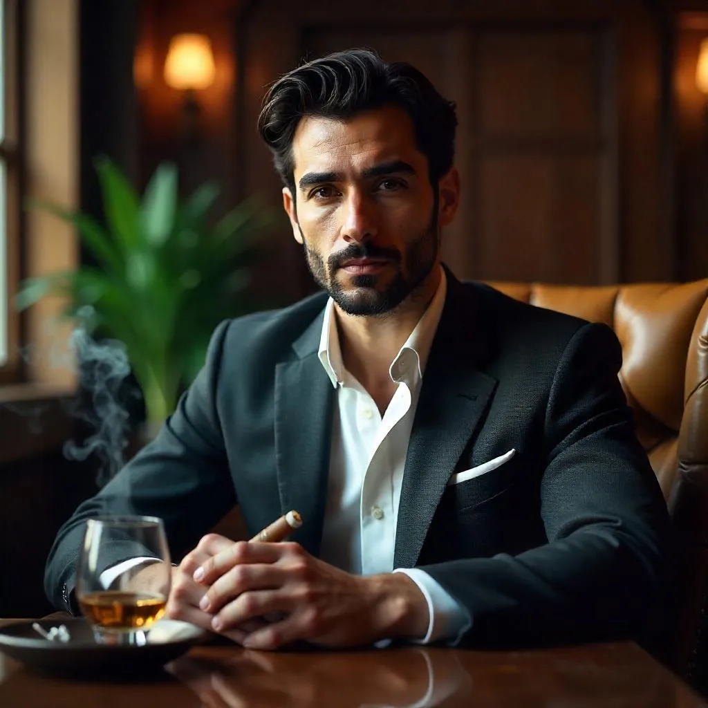 Photorealistic Young Middle Eastern Man in a Cigar Lounge