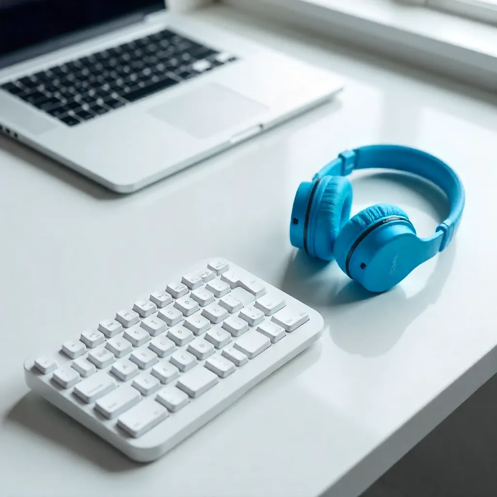 Clean Modern Workspace with Blue Headphones and White Keyboard