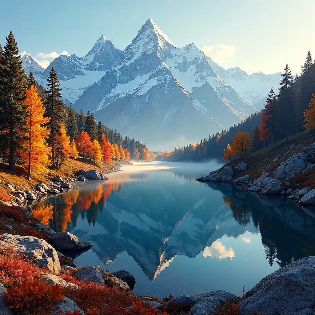 Autumn-Kissed Snowcapped Peaks in Tranquil Valley