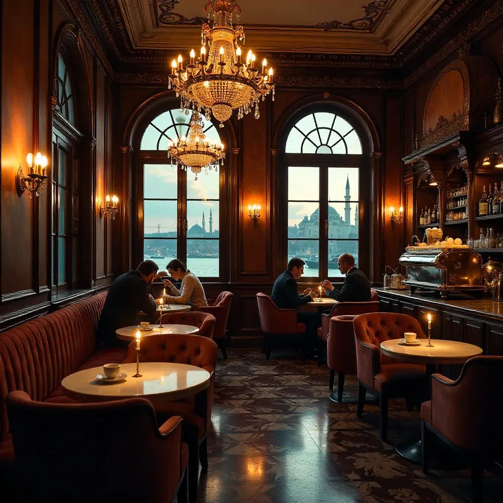 Luxurious Indoor Café in Istanbul at Dusk