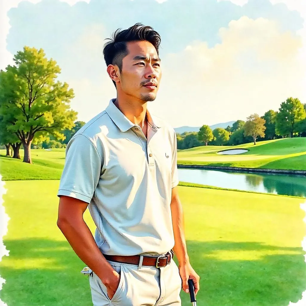 Watercolor Portrait: Handsome Asian Golfer on a Course