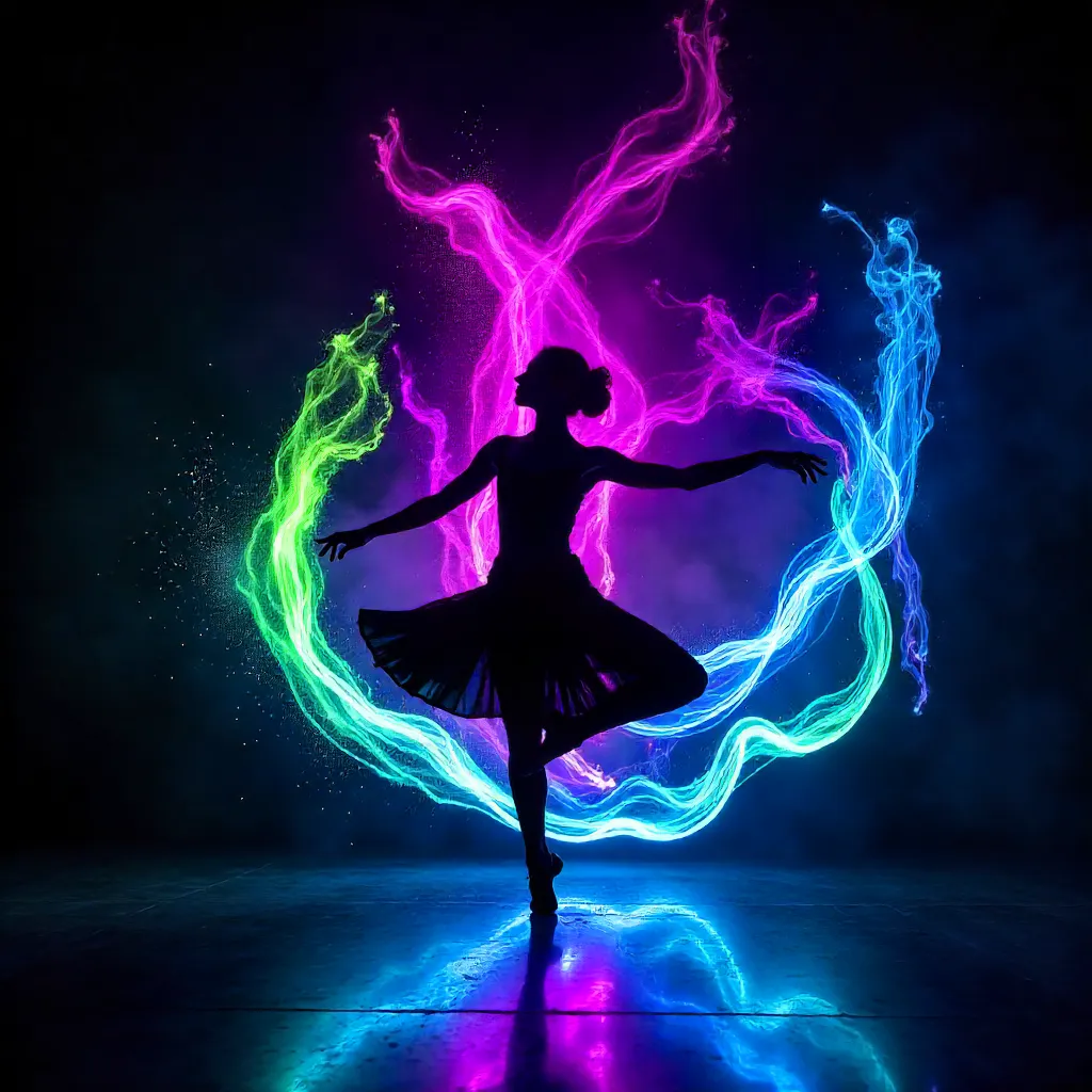 Neon Light Trails Behind a Dancer Silhouette