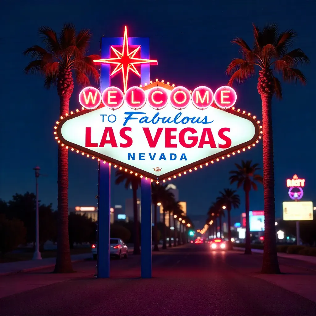 Neon Night: Las Vegas Welcome Sign and Palm Trees