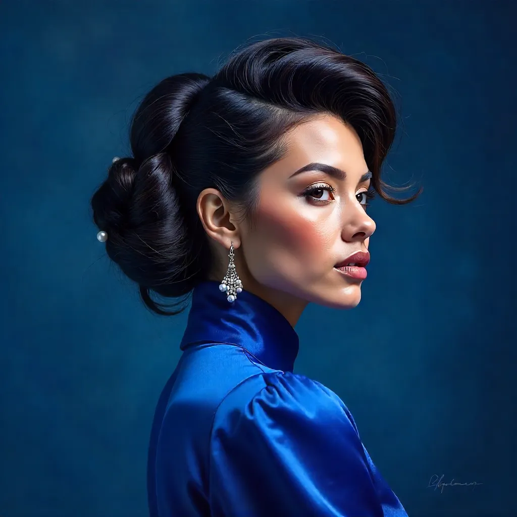 Blue Velvet Portrait: Creative Hairstyle against Deep Backdrop