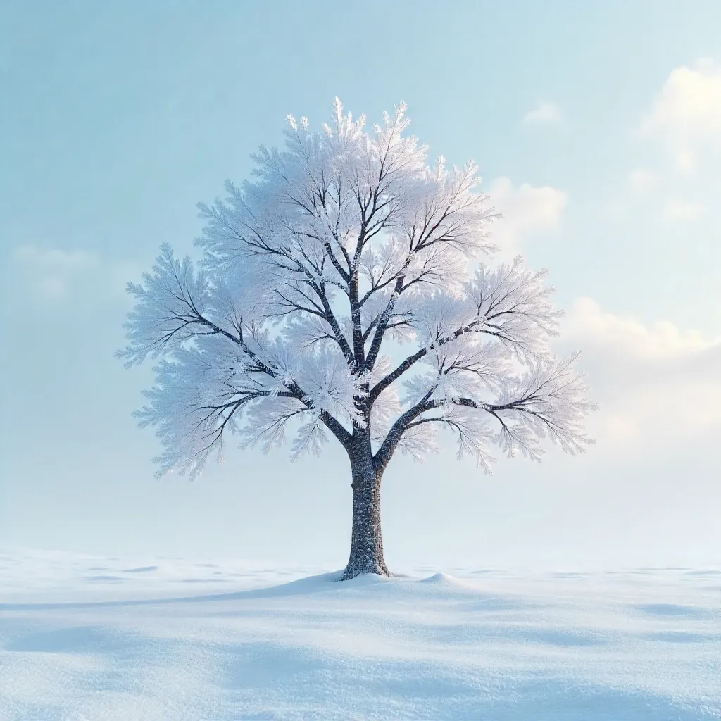 Lone Frosted Tree in a White Winter Landscape