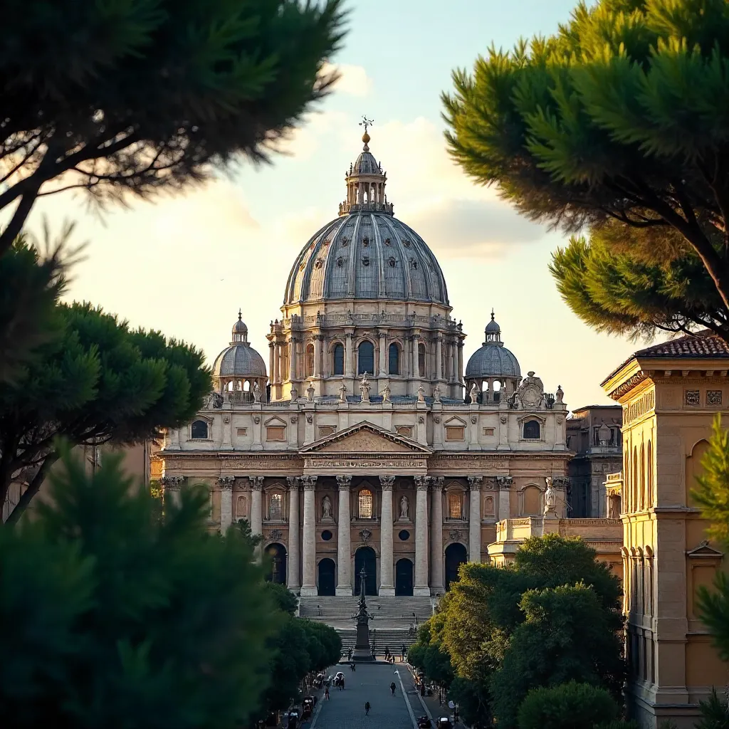 Verdant Frame: St. Peter's Dome Surrounded by Greenery