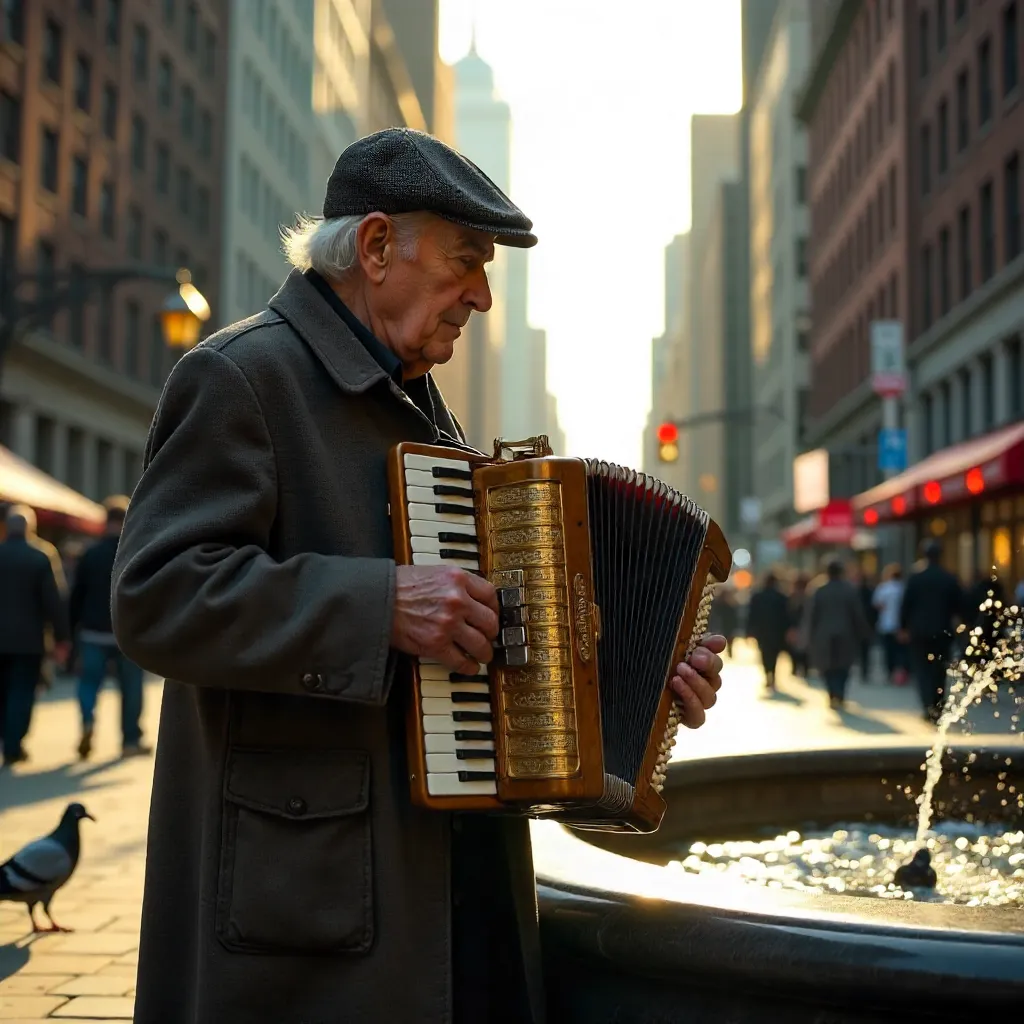Senior Man Playing Accordion by NYC Fountain at Golden Hour