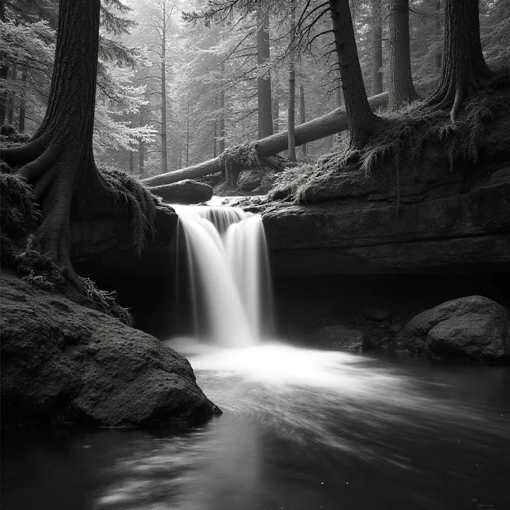 Tranquil Monochrome Forest Waterfall