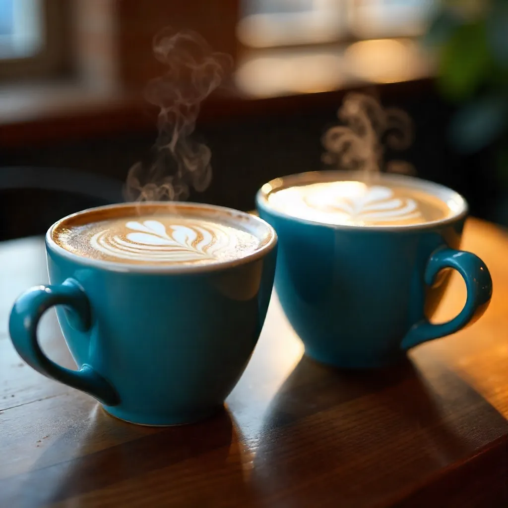 Two Blue Ceramic Cups with Intricate Latte Art