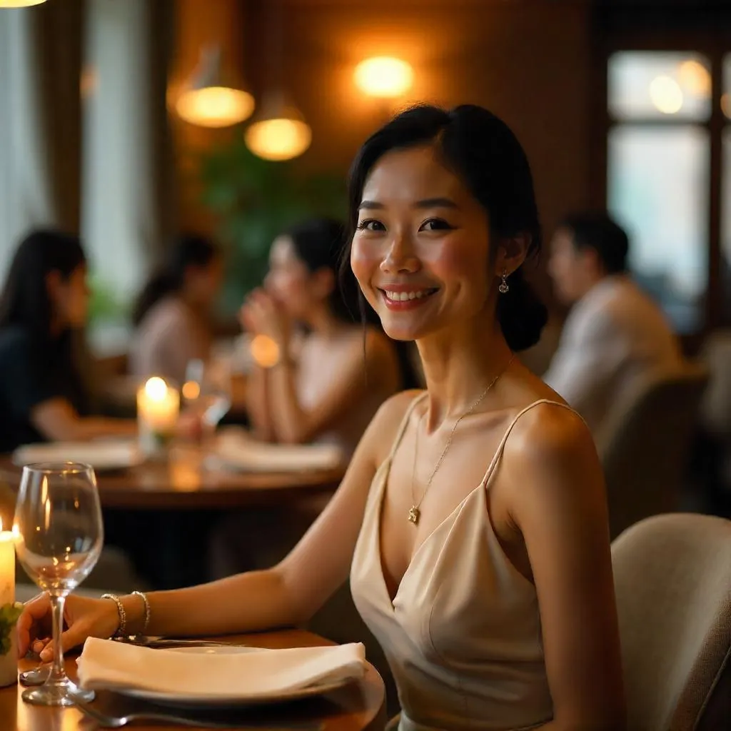 Photorealistic Asian Woman in a Cozy Restaurant