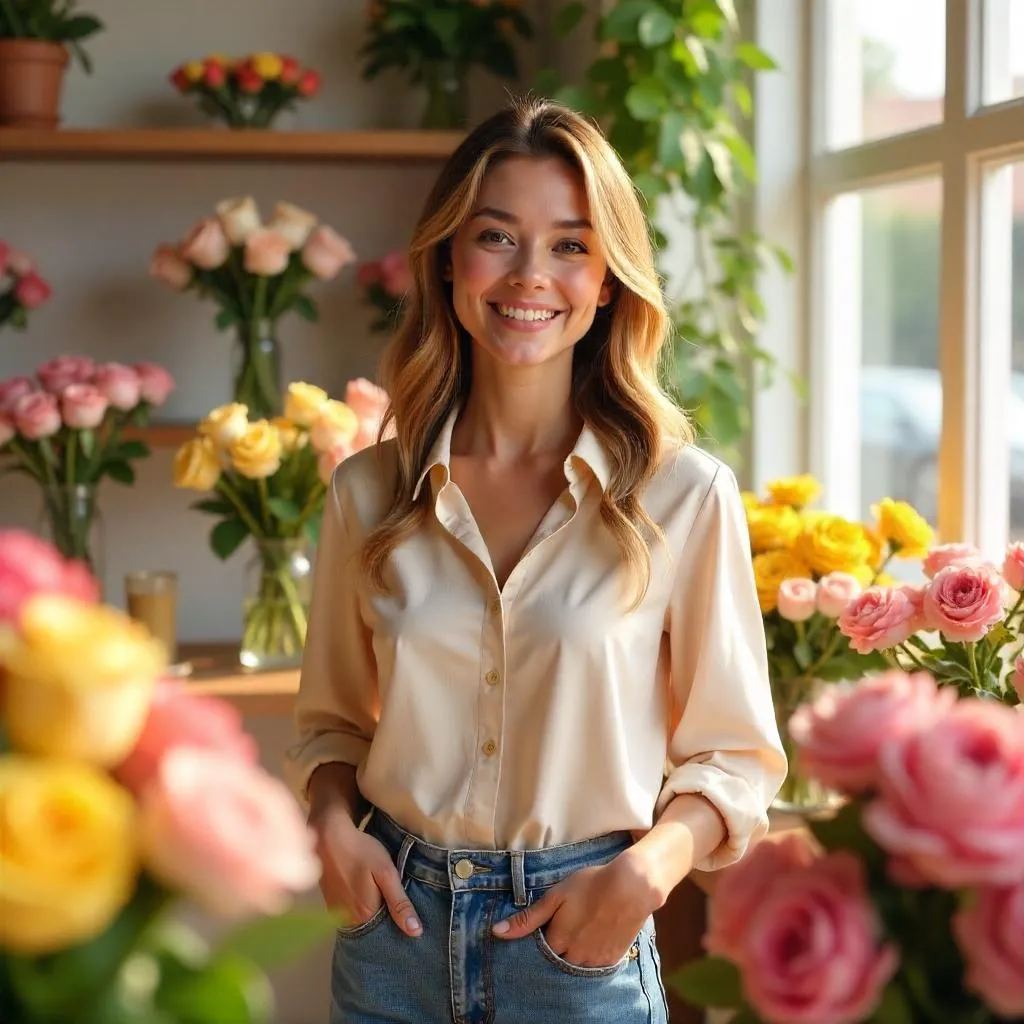 Cheerful White Woman in a Flower Shop - 3D Render