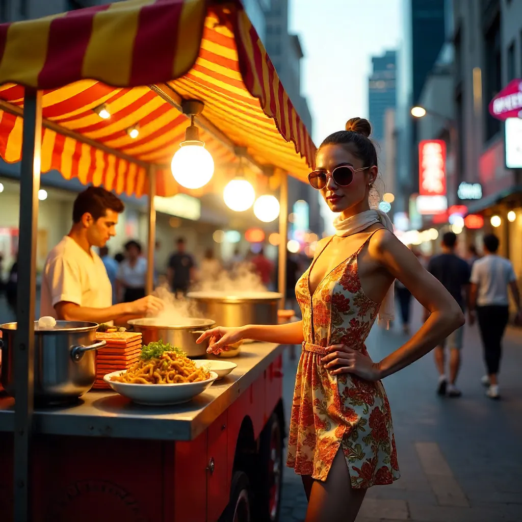 Vibrant Street Food Cart Pose in Bustling City