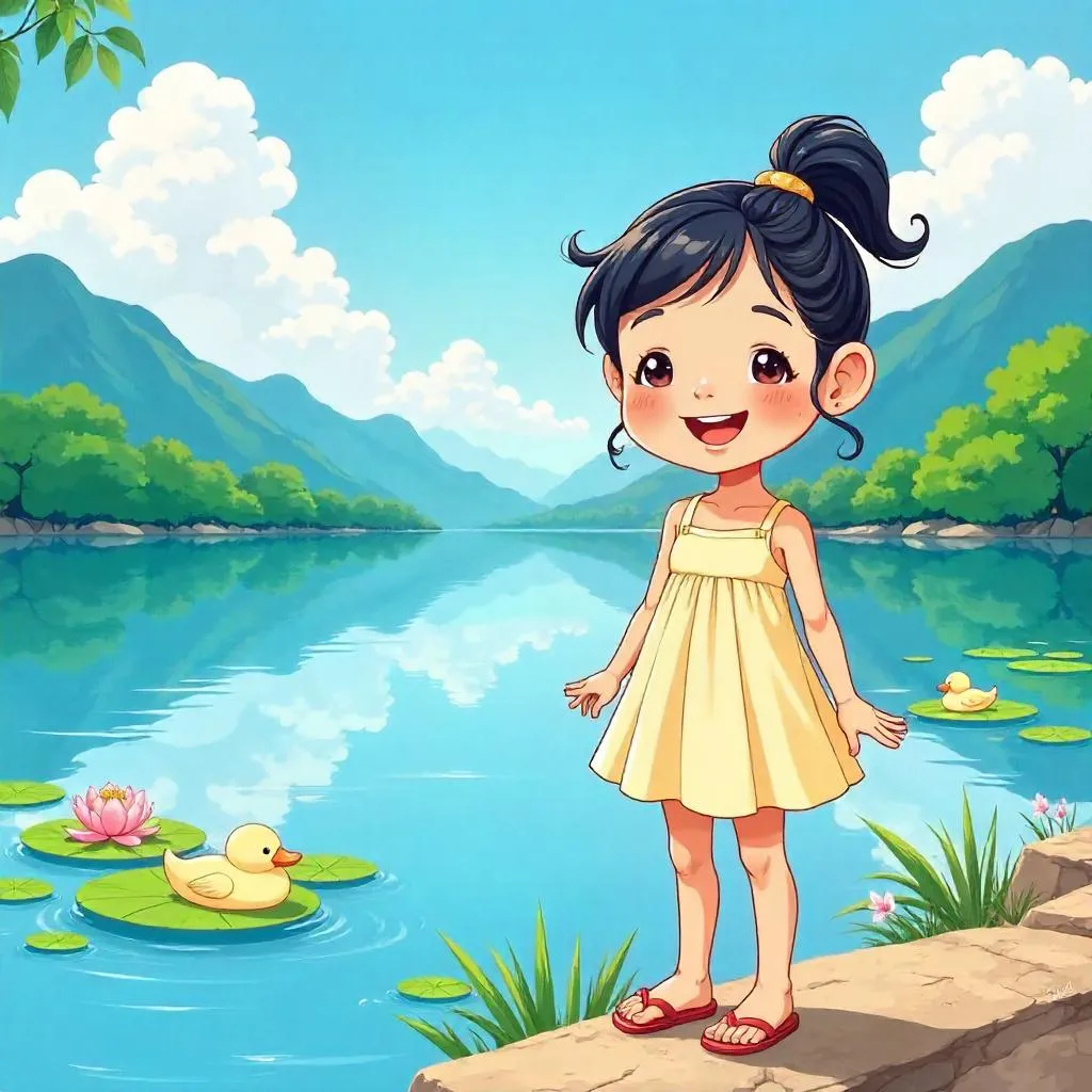 Cheerful Asian Girl by a Serene Lake