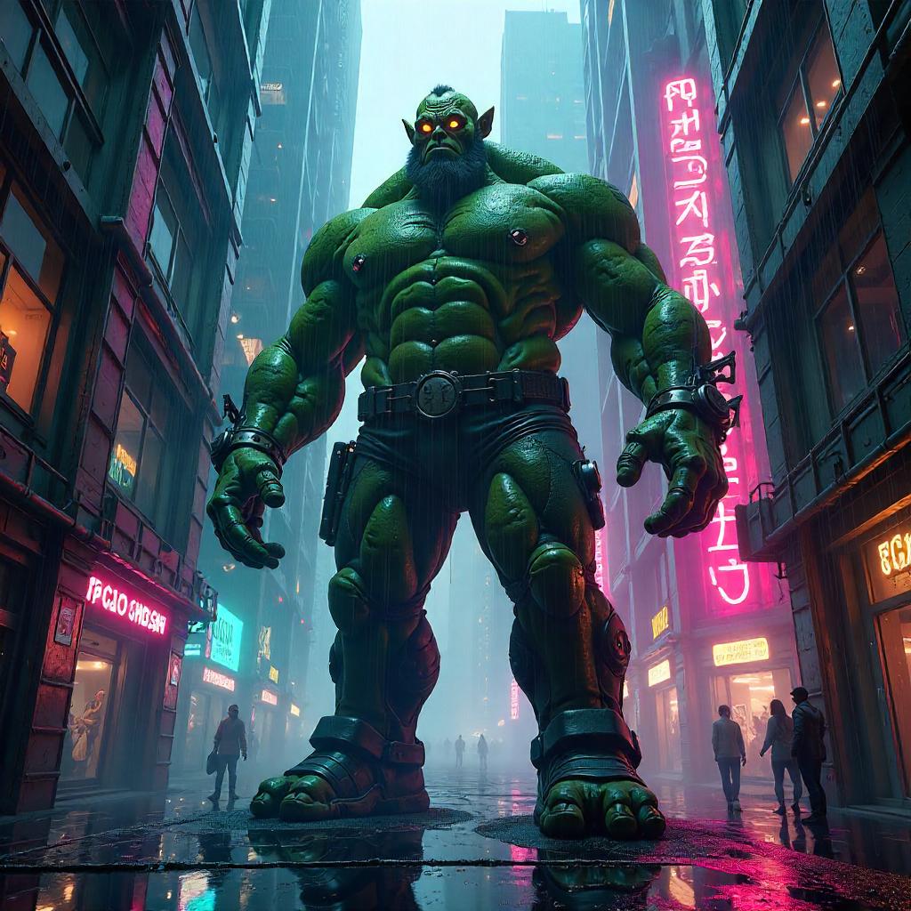 Neon Cyberpunk Troll in a Skyscraper Atrium