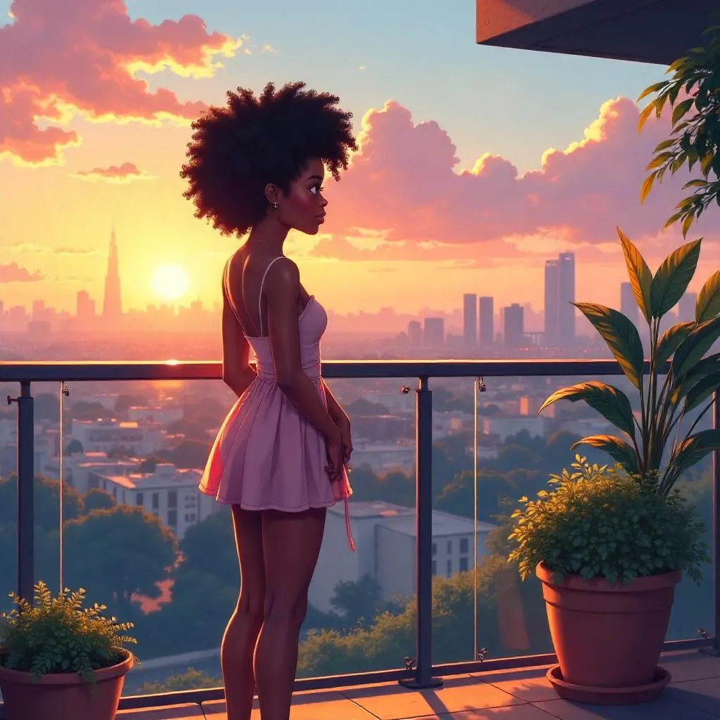 Sunset Terrace: Anime Beauty on a City Balcony
