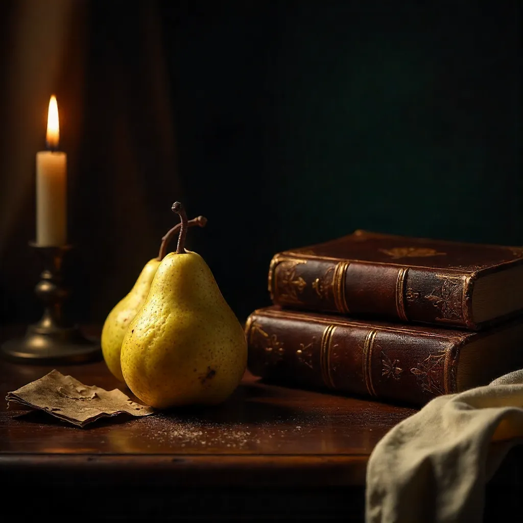 Moody Still Life: Pears and Vintage Books