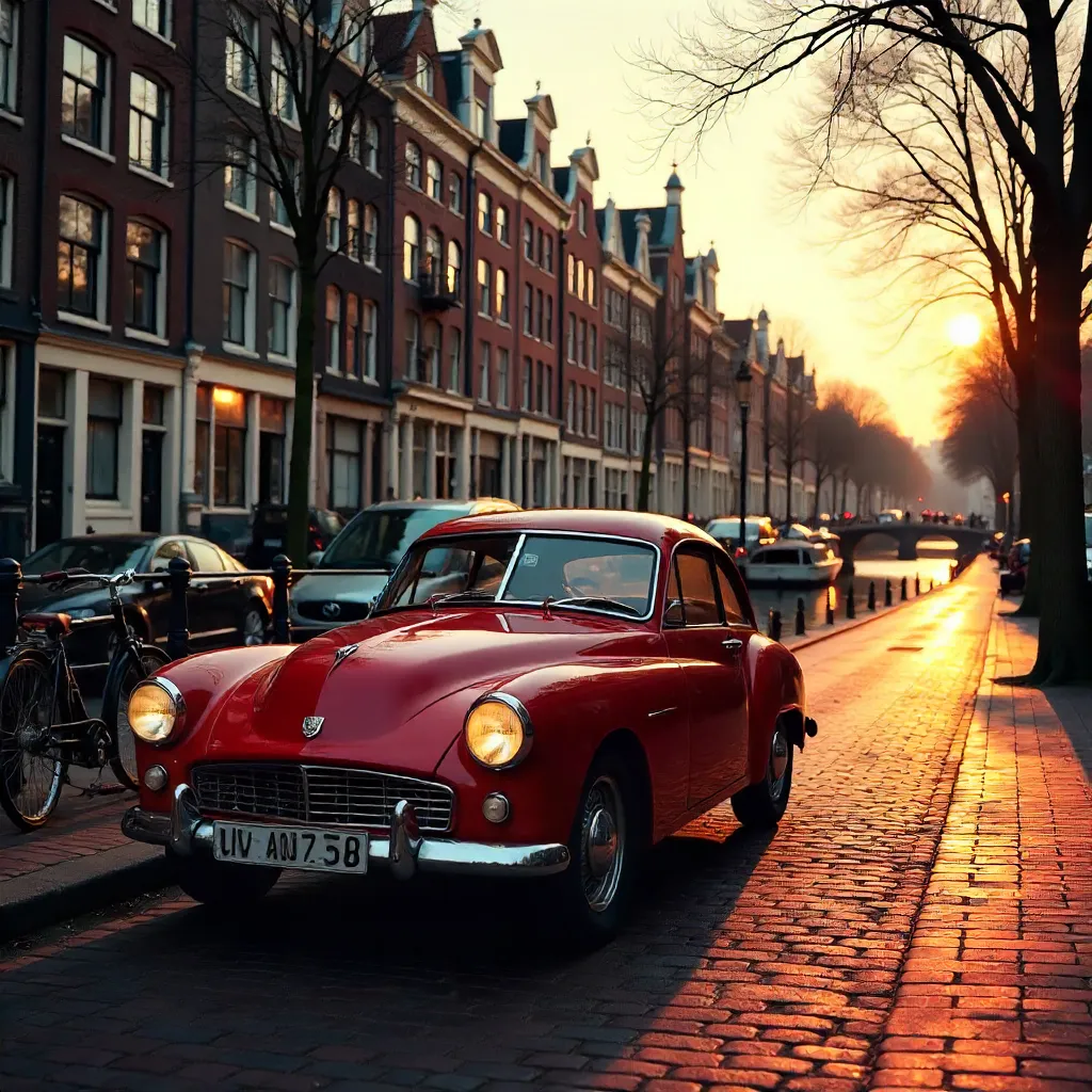 Vintage Red Car Before Amsterdam Canal Houses