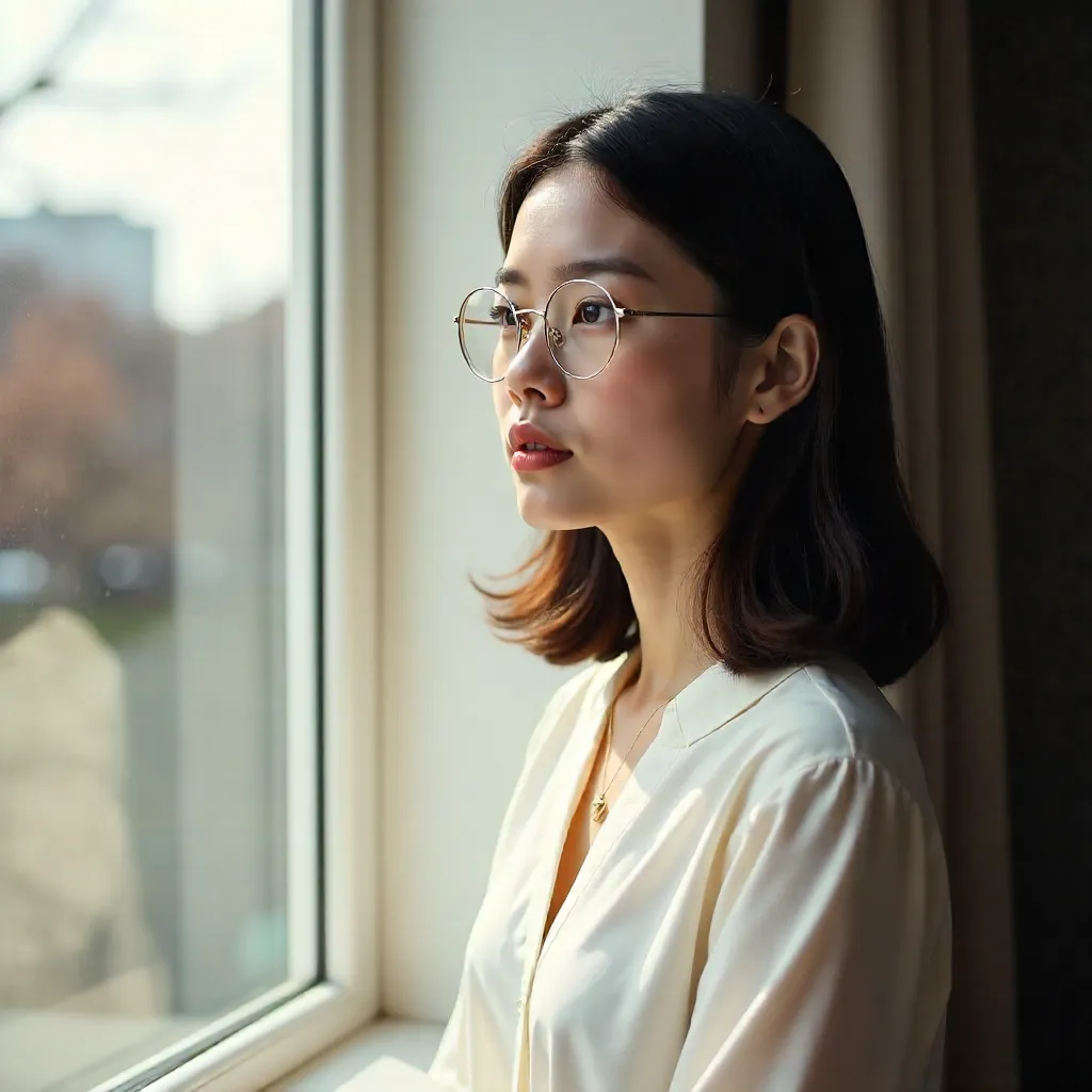 Window-Side Contemplation: Woman in Glasses