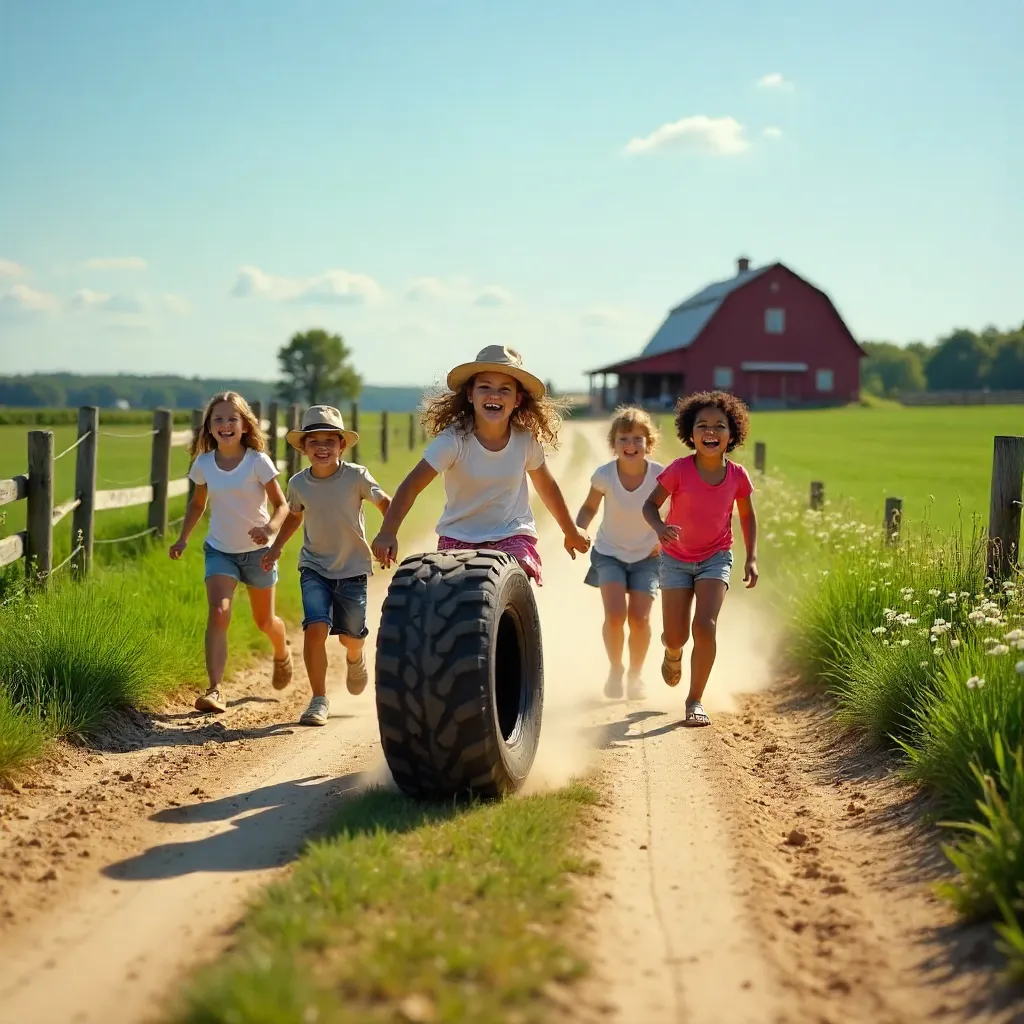 Joyful Children Rolling Tires on a Sunny Rural Dirt Road