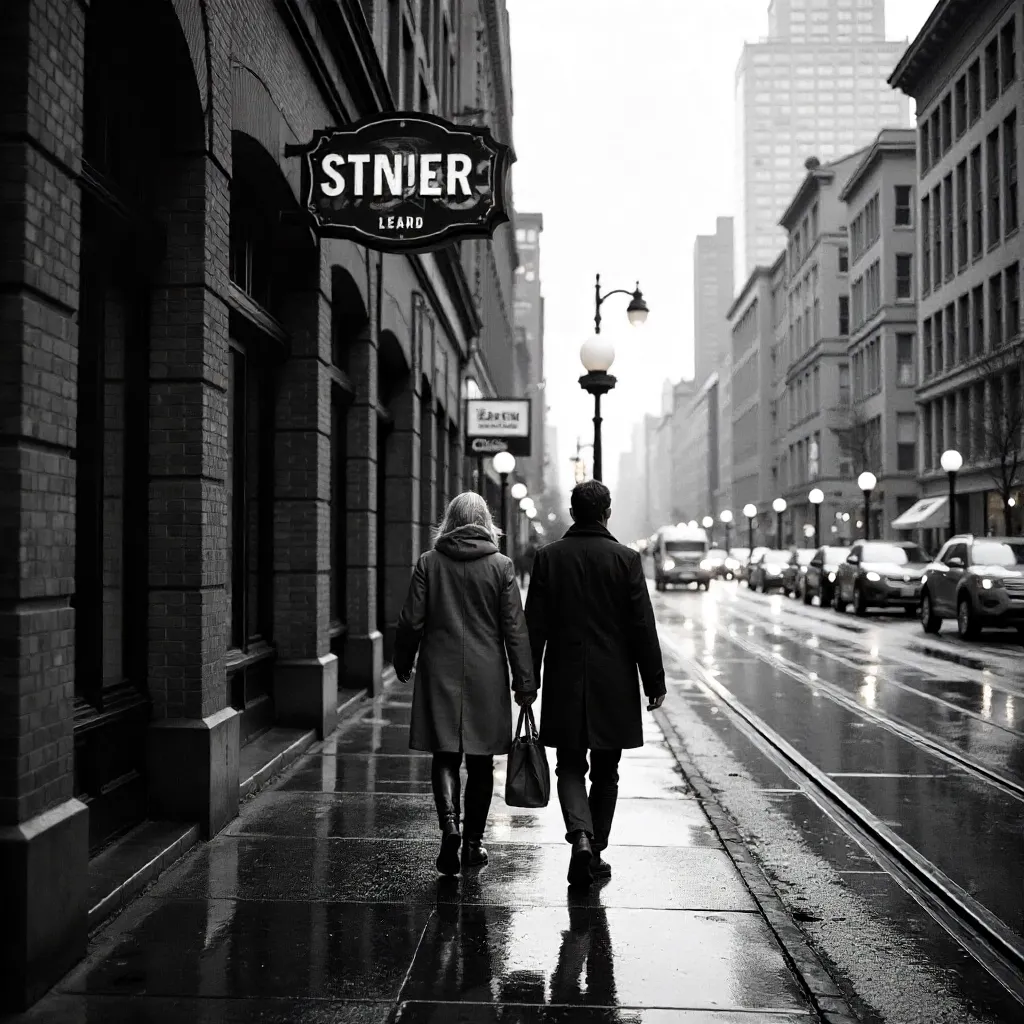 Monochrome Portland Downtown: Two Pedestrians Walking