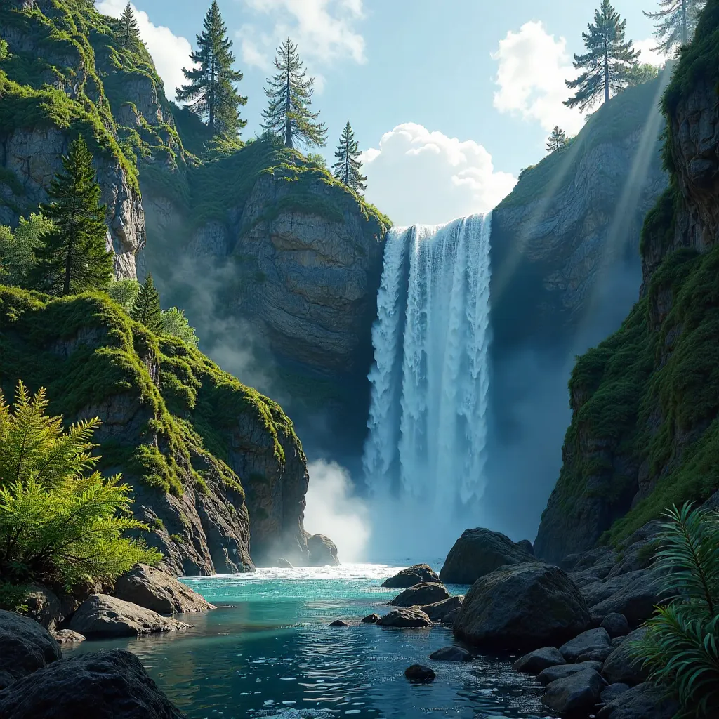 Waterfall Between Cliffs Under Bright Blue Sky
