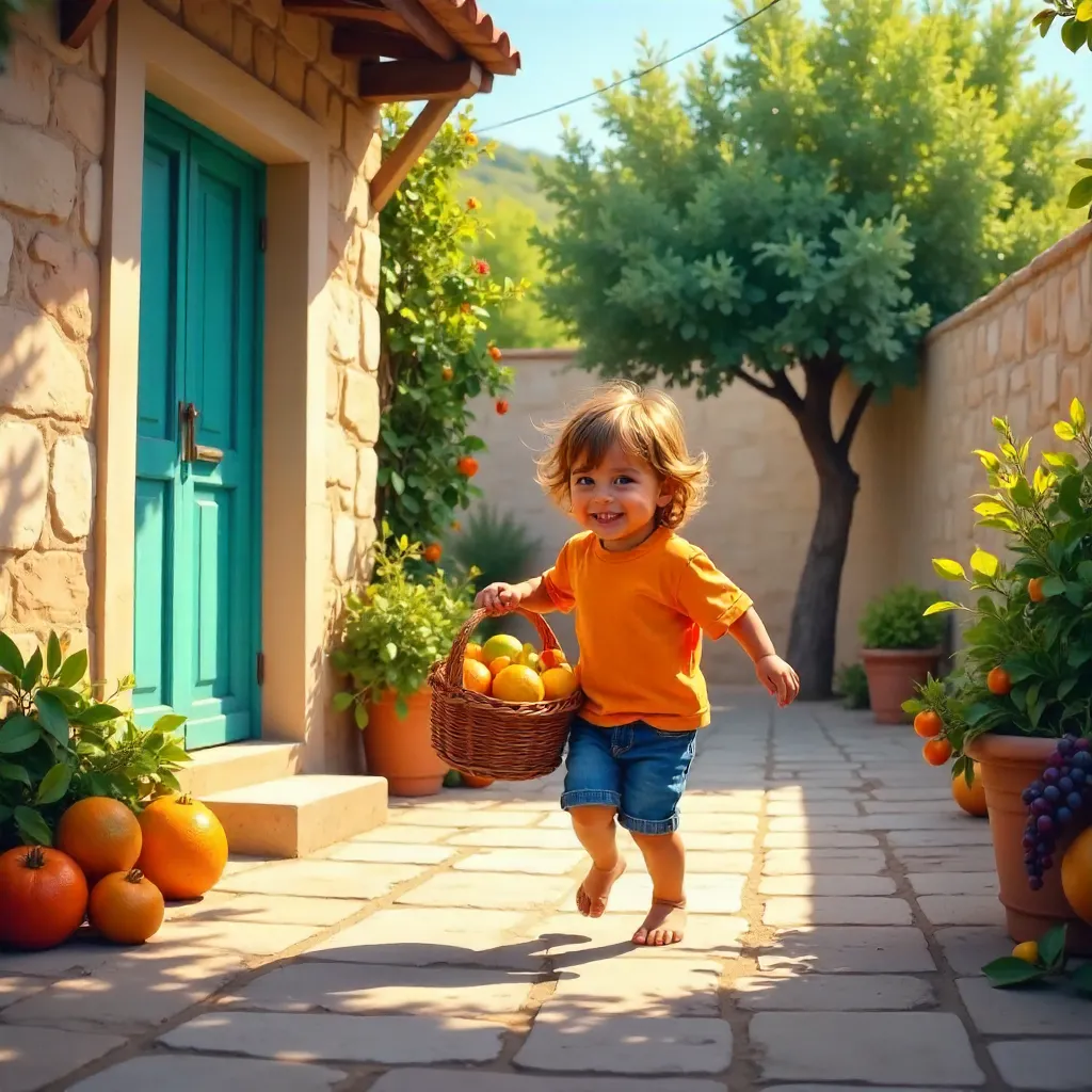 Cheerful Child in Hatay Outdoors with Fruit Basket