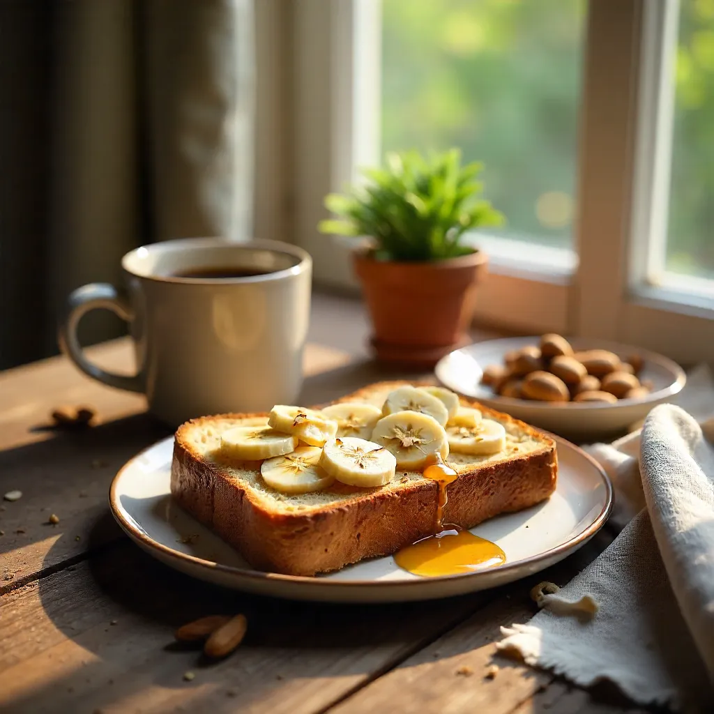 Rustic Banana-Almond Toast by Window Morning Light