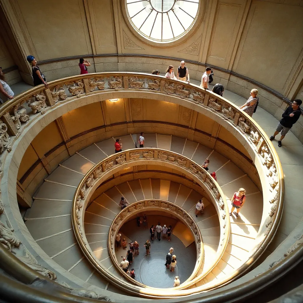 Iconic Vatican Spiral Staircase with Tourists