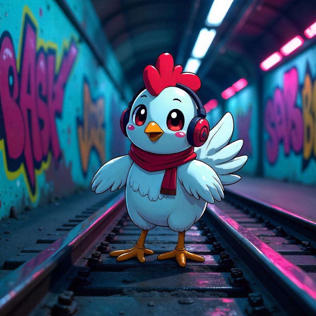 Neon-Eyed Anime Chicken in a Subway Tunnel