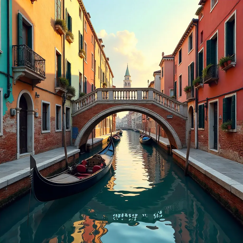 Venetian Canal at Sunset: Bridge and Colorful Facades