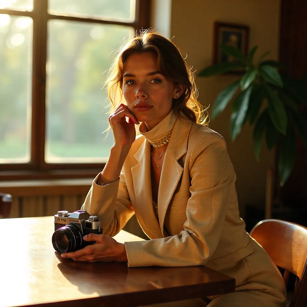 Stylish Portrait: Leaning on a Table with Vintage Camera in Sunlight
