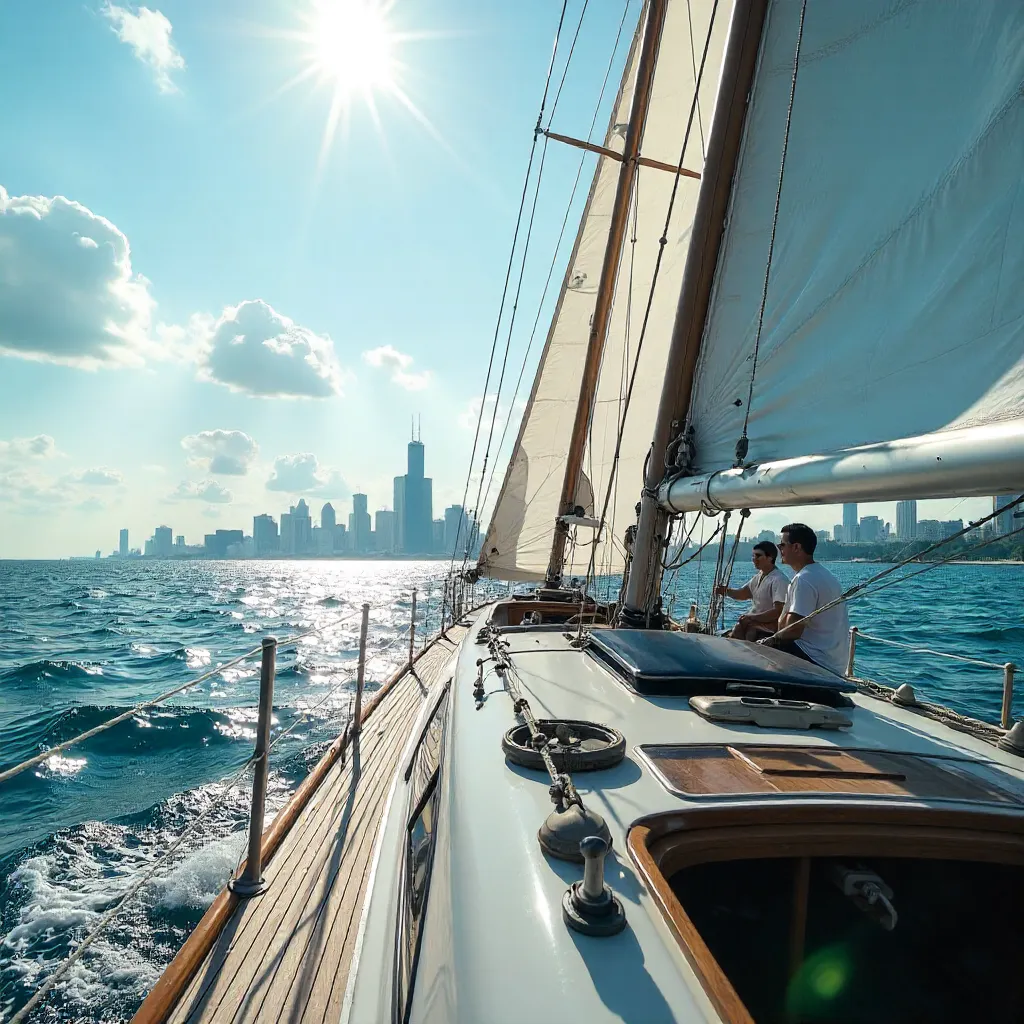 Sailboat Mast and Boom Under Chicago Skyline