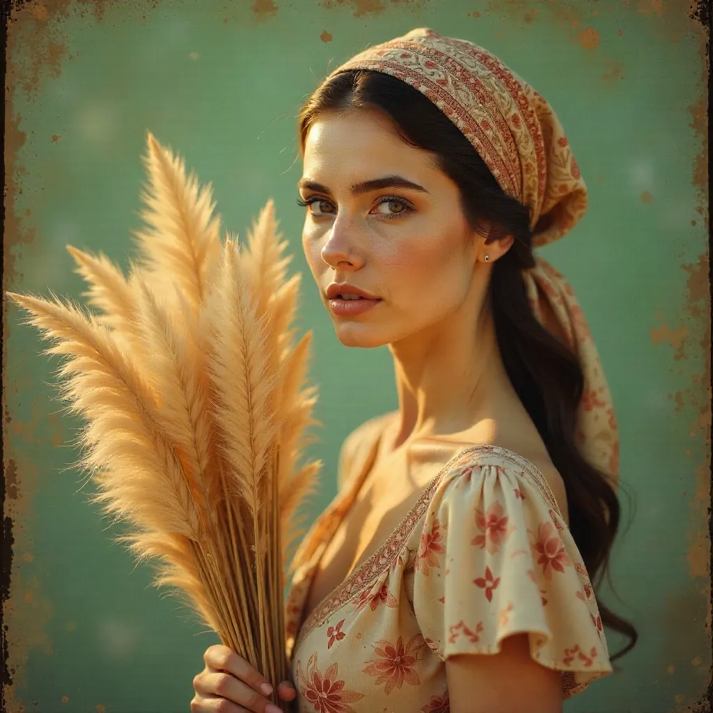 Vintage Portrait: Headscarf, Floral Dress, Pampas Grass