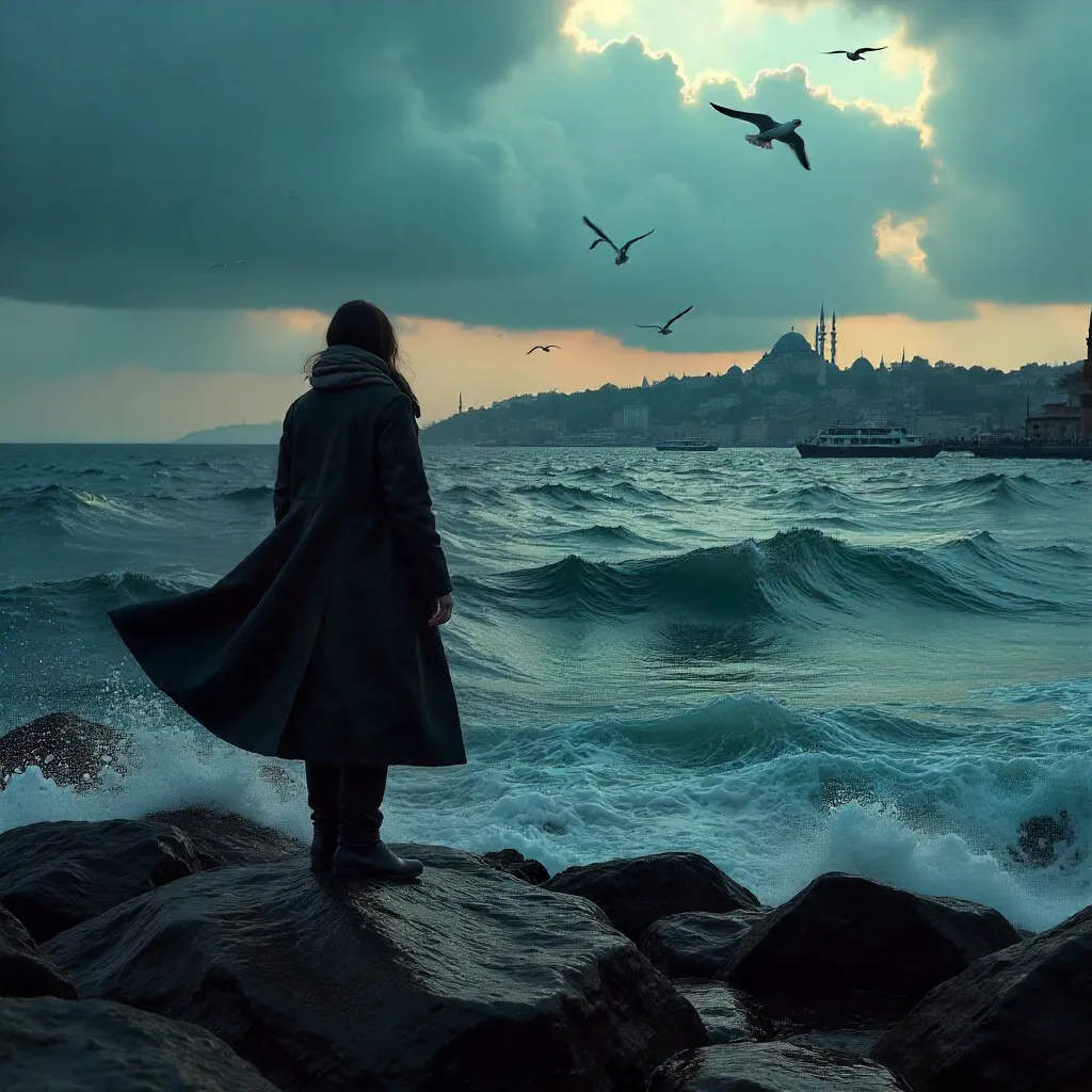 Solitary Figure on Istanbul Bosphorus Coast at Dusk