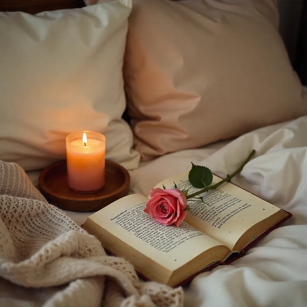 Warm Cozy Bedside Candle, Book, and Pink Rose