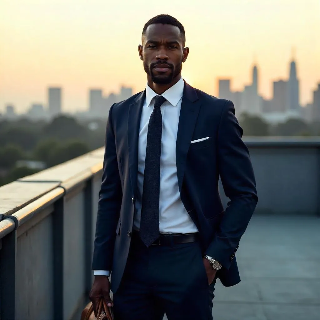 Photorealistic Rooftop Portrait of a Professional Black Man