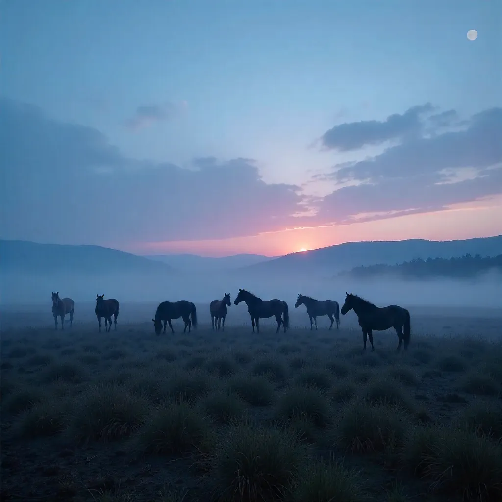 Silhouetted Horses in Mist at Dusk