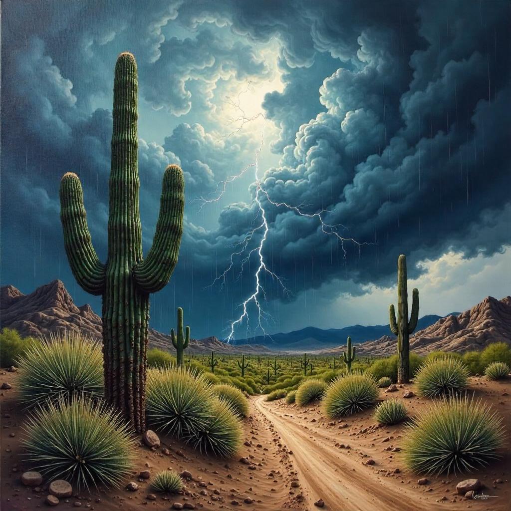 Storm Over the Cacti: An Impasto Desert Oil Painting
