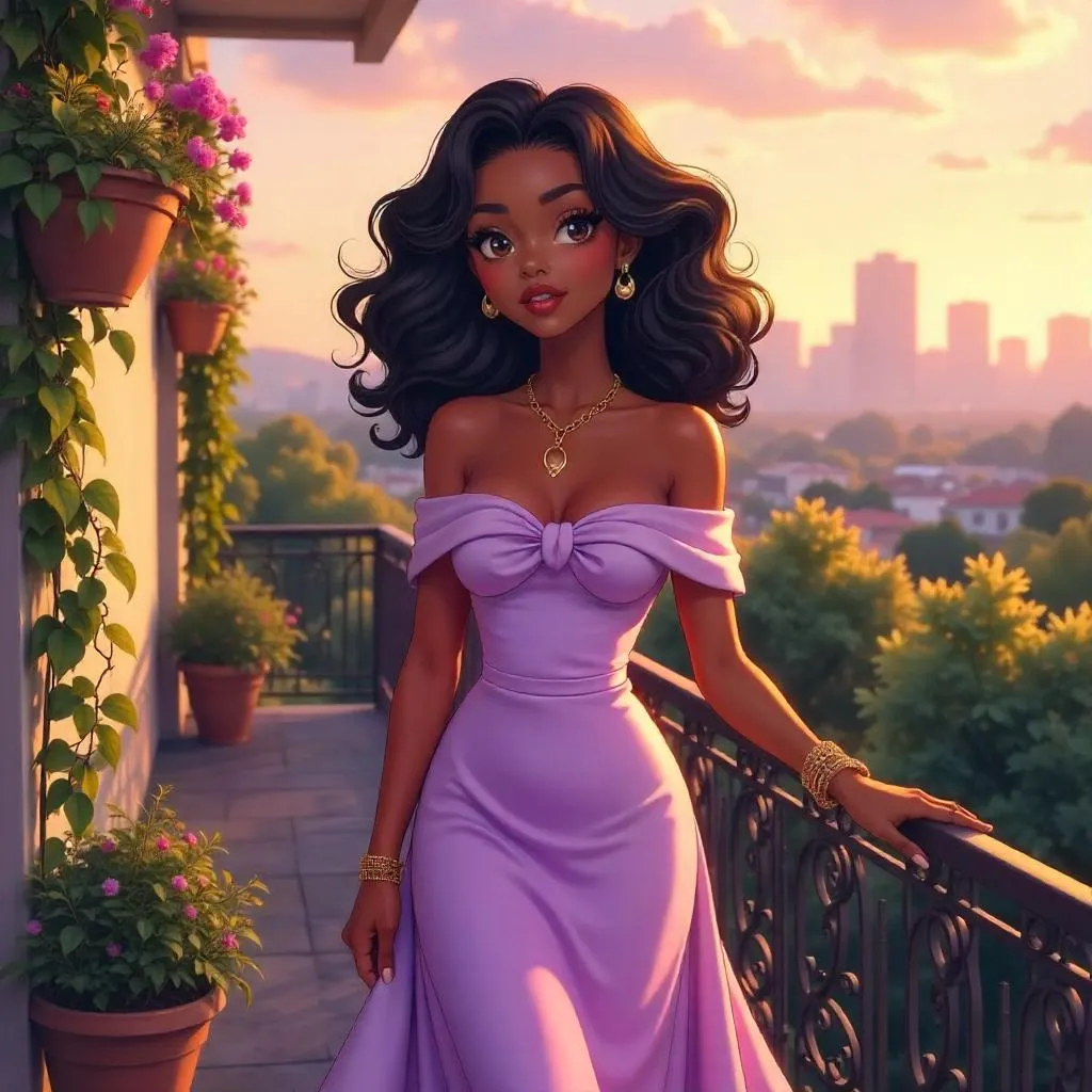 Elegant Black Girl on Terrace in Anime Style at Dusk