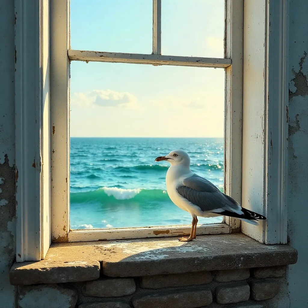 Seagull on a Window-Ledge Over the Ocean