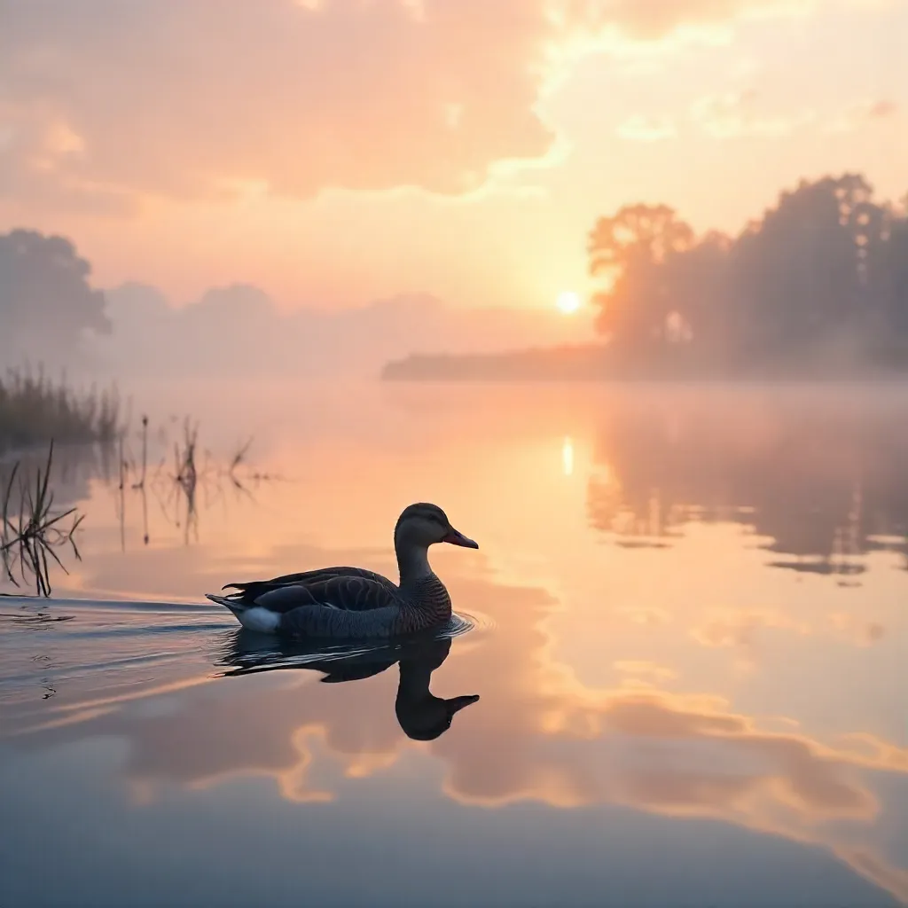 Dawn Mist on the Lake: A Lone Duck