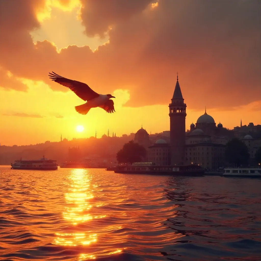 Bird over Golden Horn: Galata Tower at Sunset